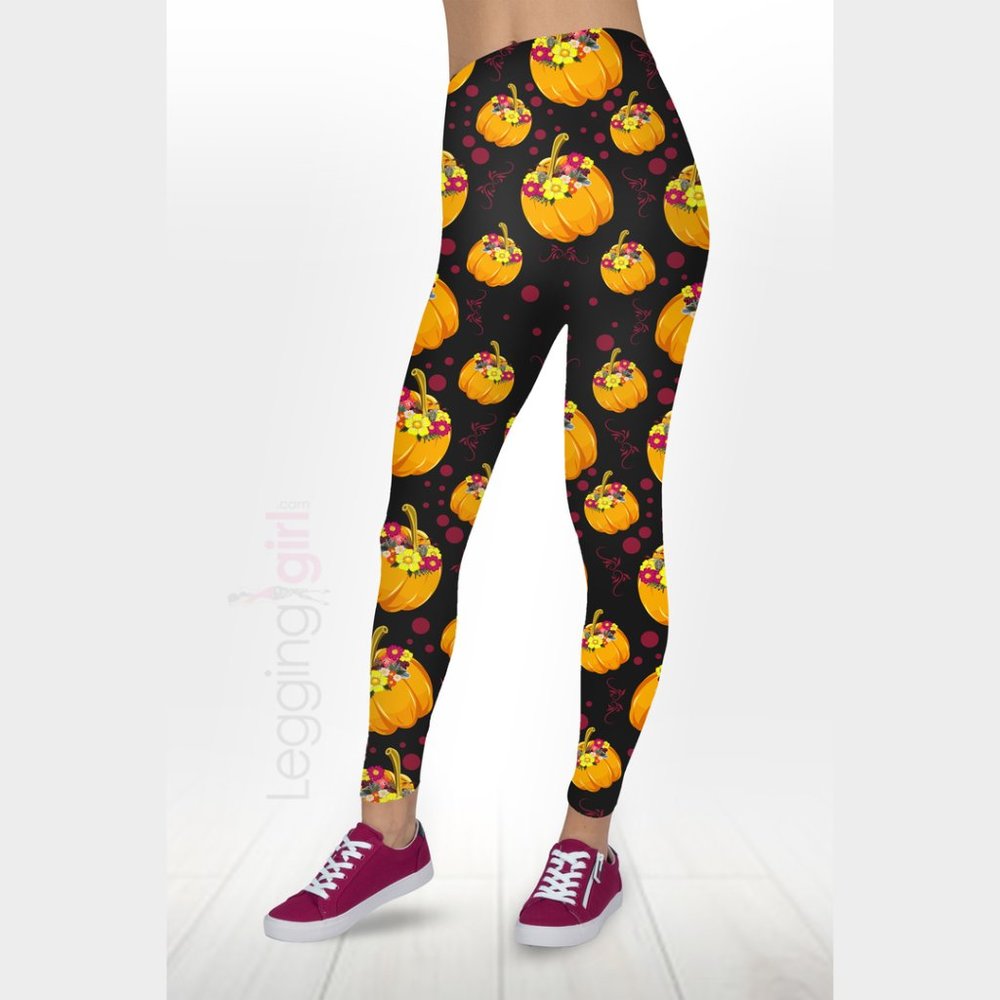 Harvest Bouquet - Pumpkin Wide Band Printed FeatherSoft Women's Leggings Plus Si